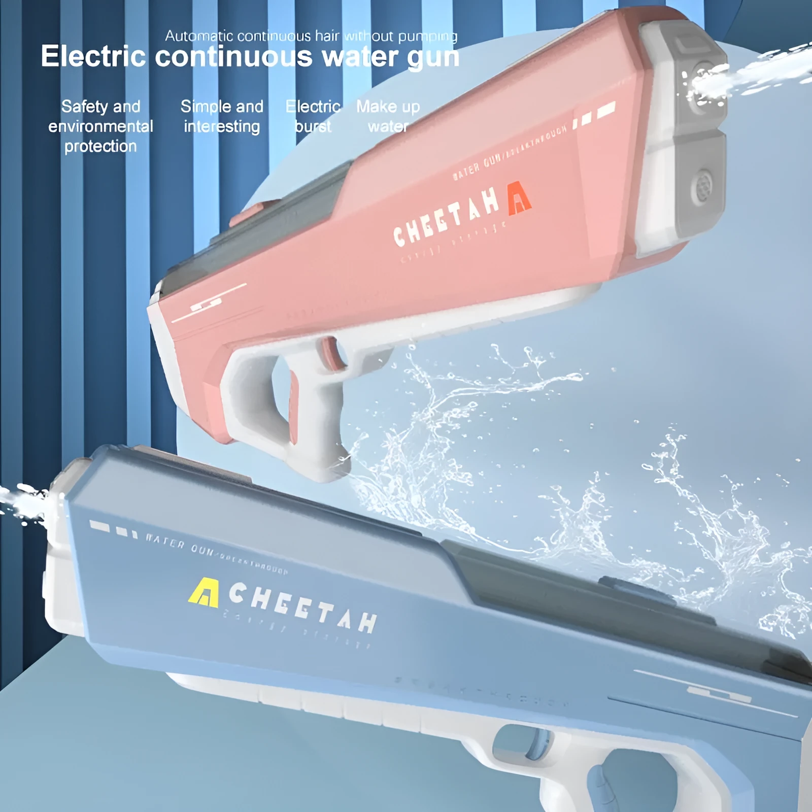 Sky blue fully electric water gun toy with automatic water absorption and USB charging cable for summer outdoor play