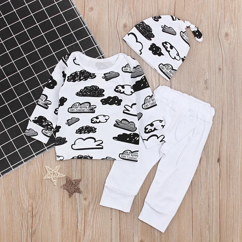 Three-piece white boys' pants suit with long sleeves, non-hooded, for spring and autumn, size 80cm
