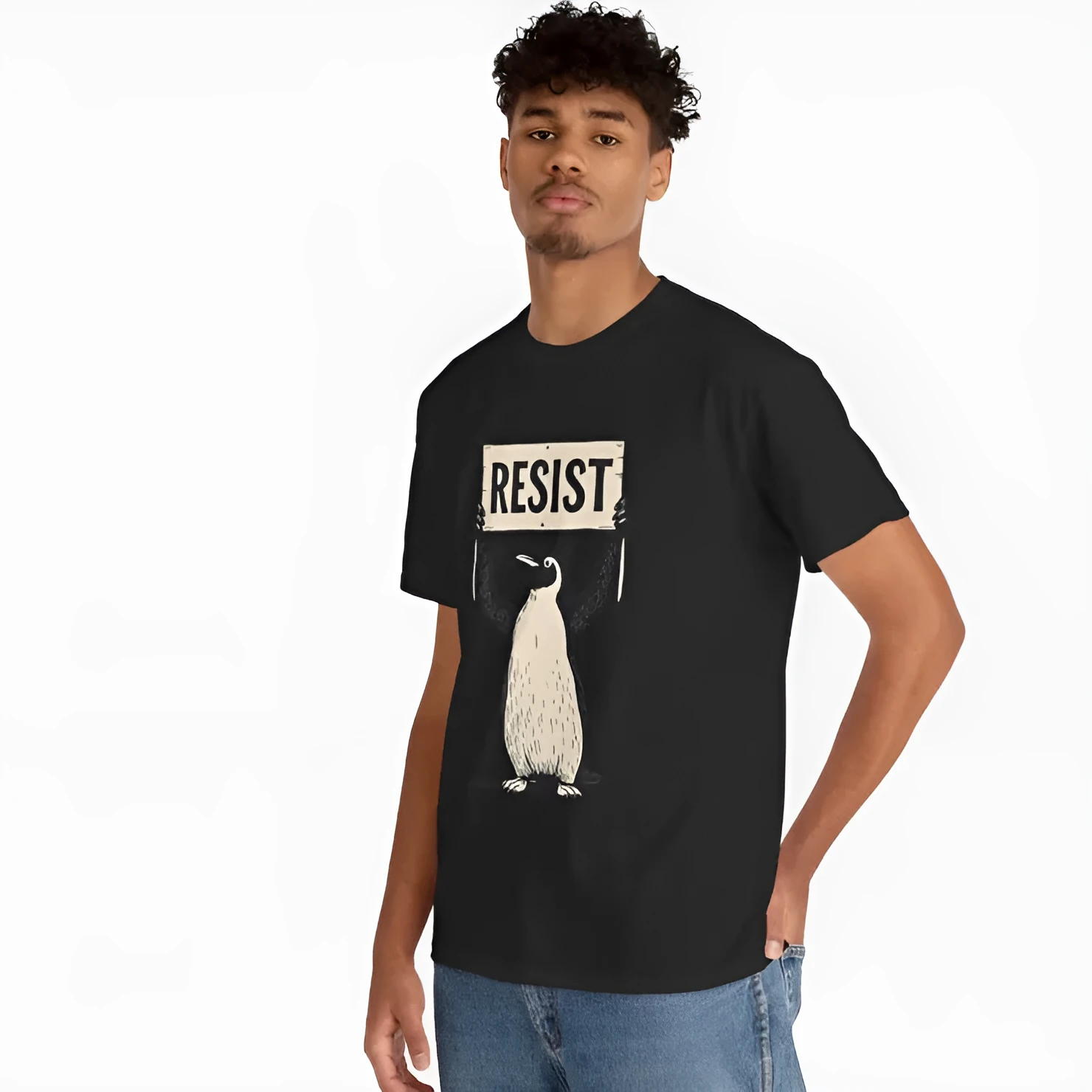 Loose fit black cotton summer T-shirt with short sleeves and a round neck on a hanger.