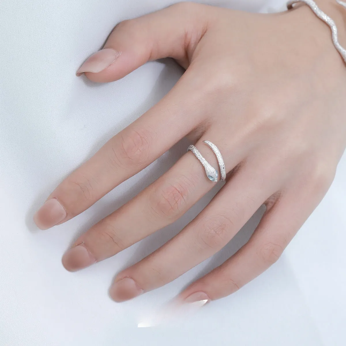 Adjustable sterling silver snake ring with platinum colour finish for women