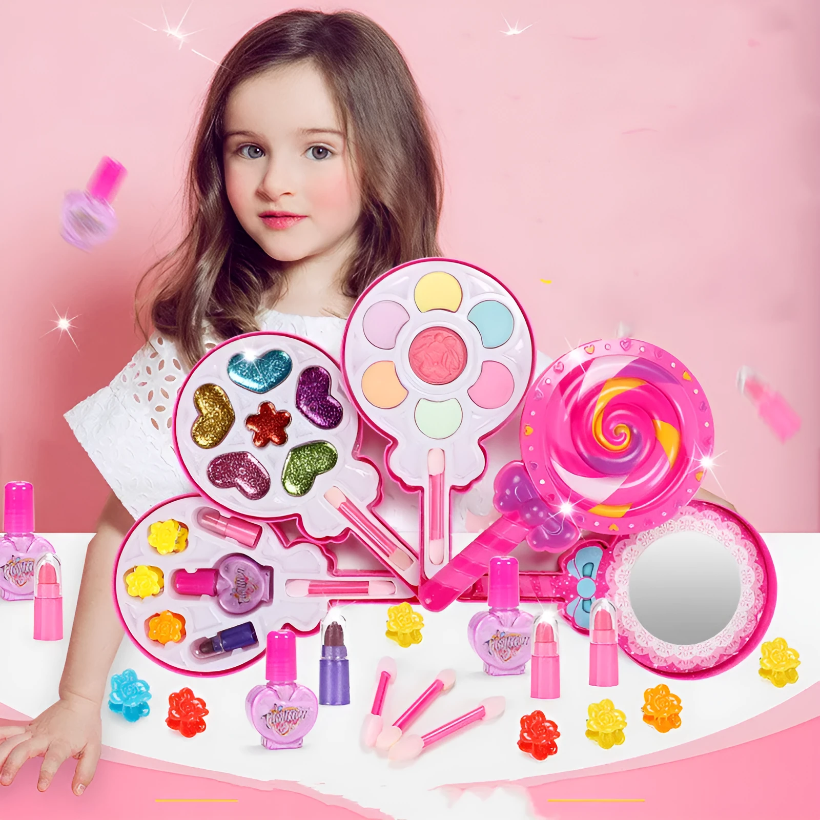 Kids Cosmetics Make Up Set in a plastic case with colourful washable makeup items arranged inside