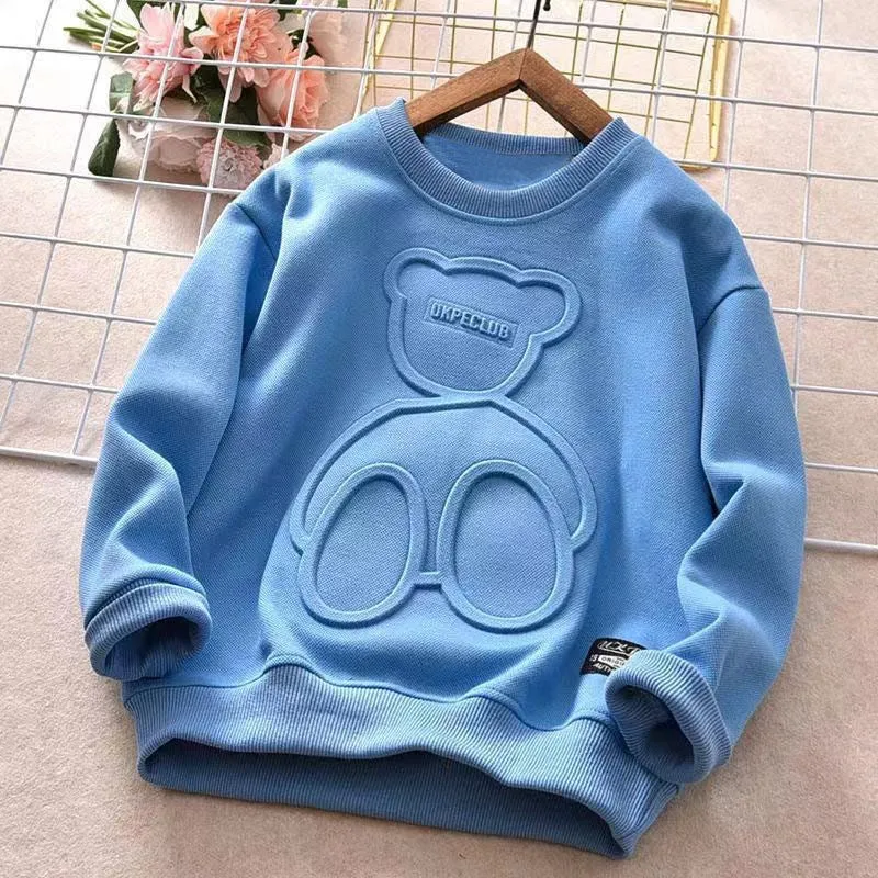 Children's long-sleeved cotton top with cartoon print, hedge closure, available in blue khaki beige navy blue sizes 110-160cm