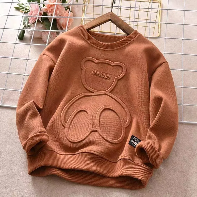 Children's long-sleeved cotton top with cartoon print, hedge closure, available in blue khaki beige navy blue sizes 110-160cm