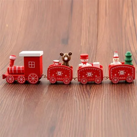 Set of four mini wood train toys in red white and green with painted passengers for shelf display