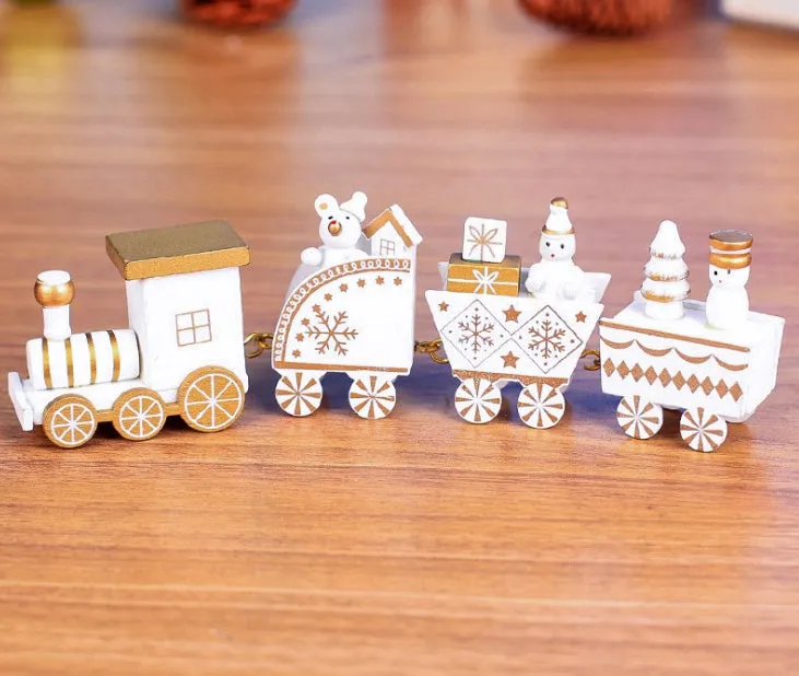 Set of four mini wood train toys in red white and green with painted passengers for shelf display