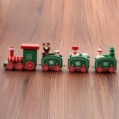 Set of four mini wood train toys in red white and green with painted passengers for shelf display
