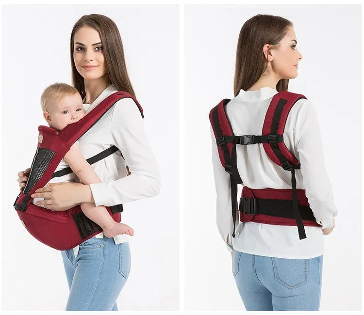 Multifunctional baby carrier in black, 100% cotton, with waist support and three carrying positions for newborn to toddler