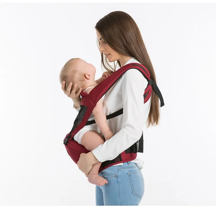 Multifunctional baby carrier in black, 100% cotton, with waist support and three carrying positions for newborn to toddler