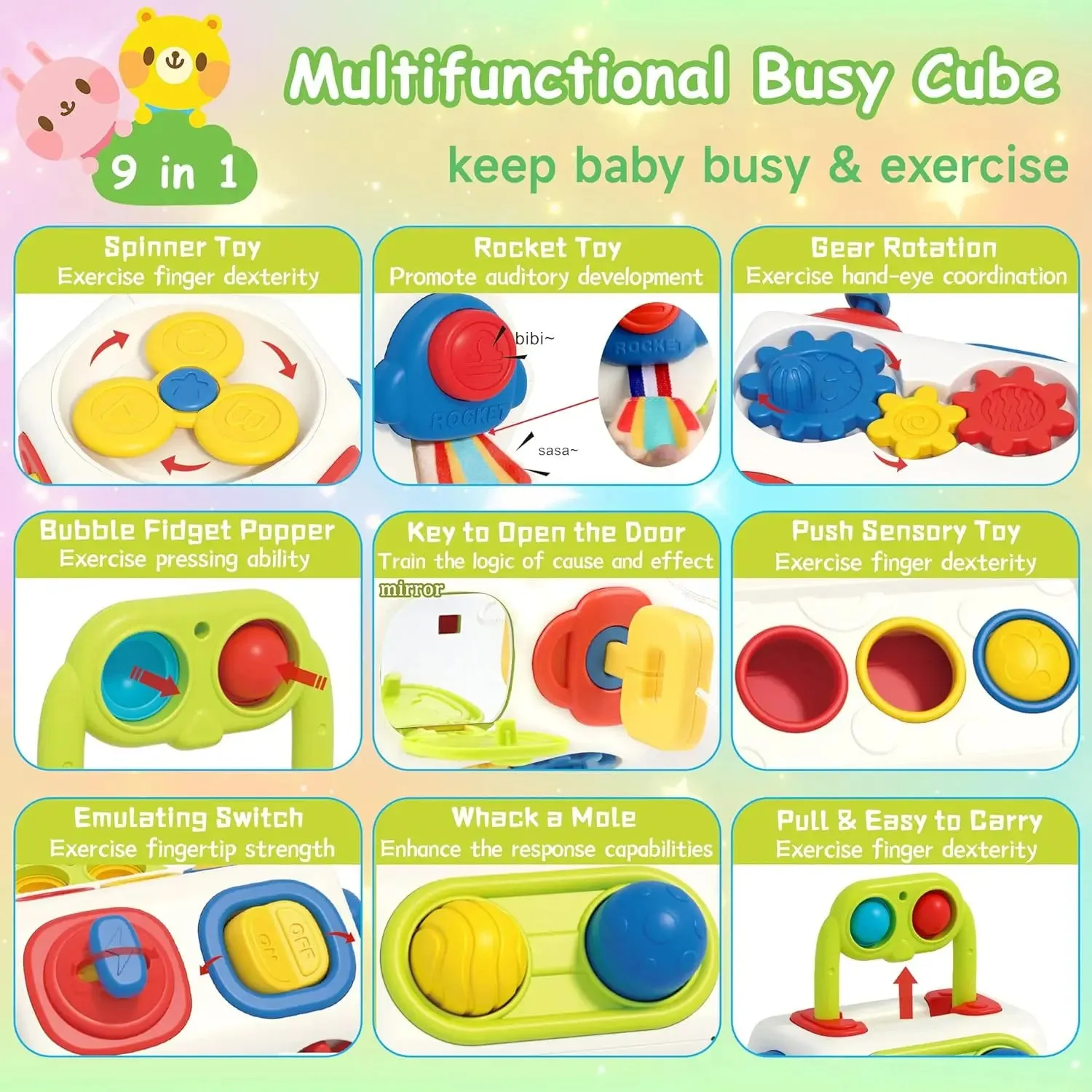 9 in 1 busy cube Montessori sensory toy for toddlers, eight-sided ball design, plastic educational fidget board