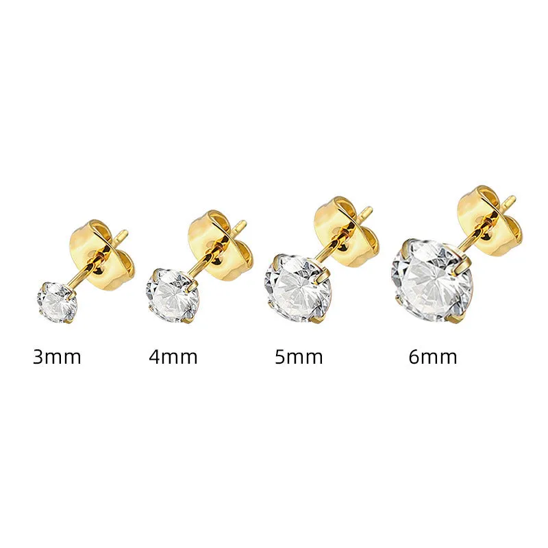 Simple geometric zircon stud earrings in stainless steel with gold or steel colour finish, showing size range from 2mm to 8mm.