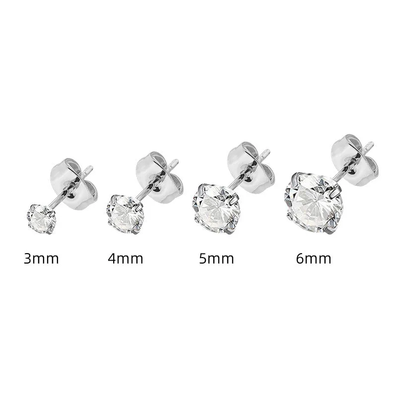 Simple geometric zircon stud earrings in stainless steel with gold or steel colour finish, showing size range from 2mm to 8mm.