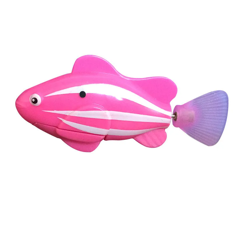 Set of four swimming electronic pet fish toys in red, orange, pink, and blue on a white background