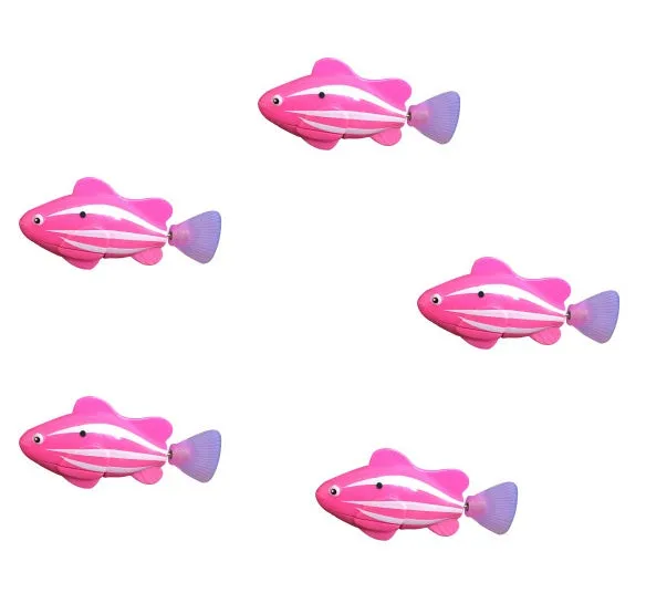 Set of four swimming electronic pet fish toys in red, orange, pink, and blue on a white background