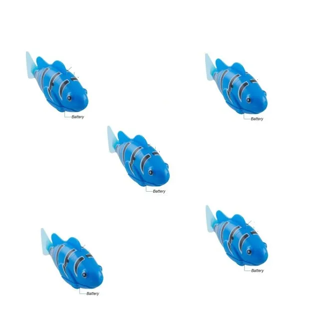 Set of four swimming electronic pet fish toys in red, orange, pink, and blue on a white background