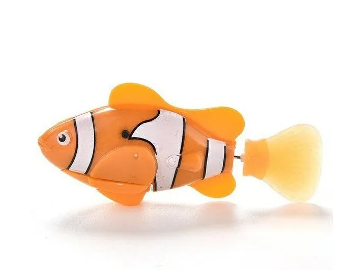 Set of four swimming electronic pet fish toys in red, orange, pink, and blue on a white background