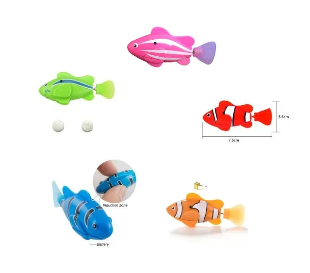 Set of four swimming electronic pet fish toys in red, orange, pink, and blue on a white background