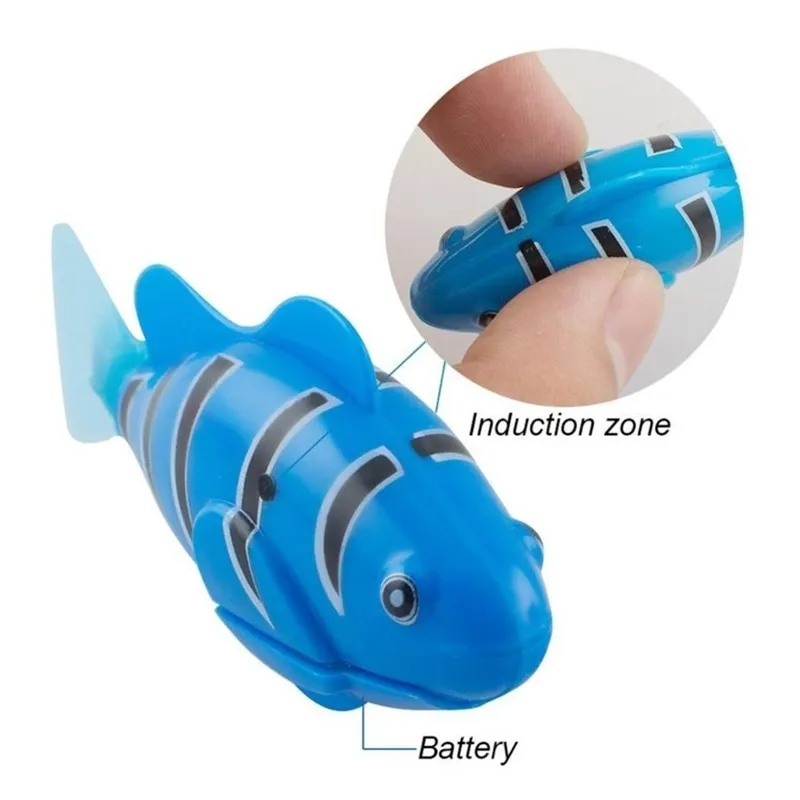 Set of four swimming electronic pet fish toys in red, orange, pink, and blue on a white background