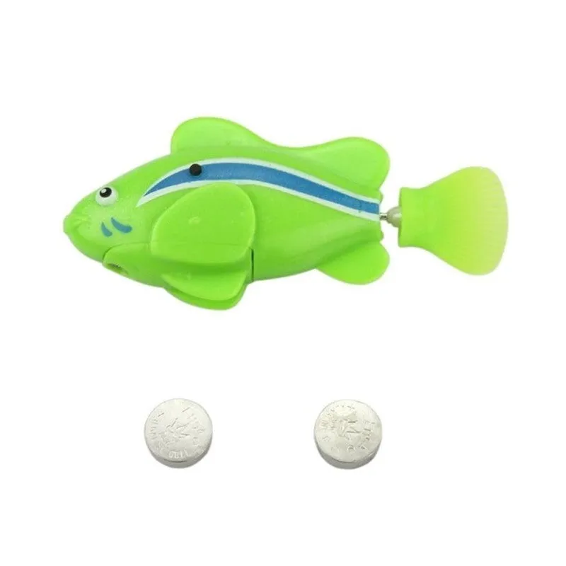 Set of four swimming electronic pet fish toys in red, orange, pink, and blue on a white background