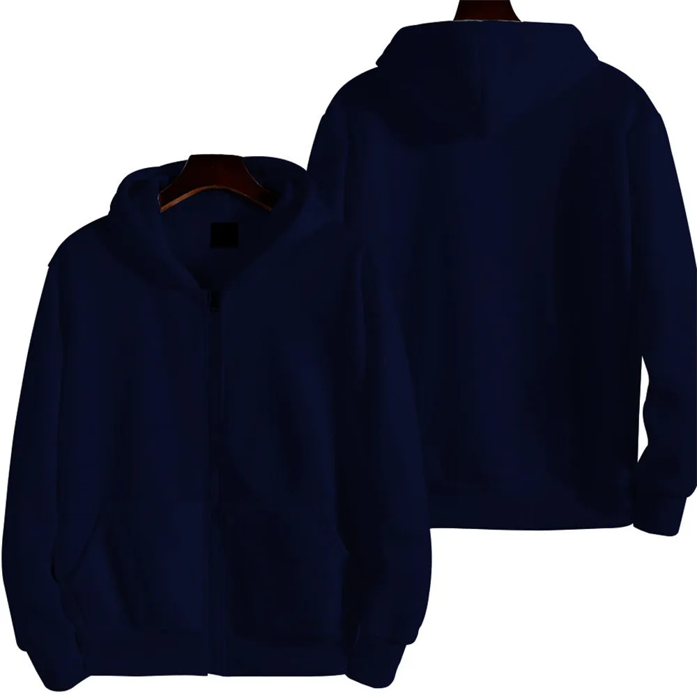 A man's loose fit solid colour zip-up sports jacket in a cardigan style.