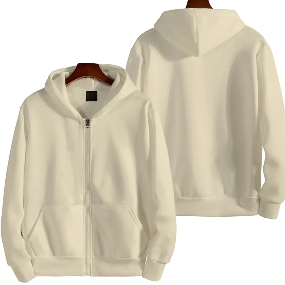 A man's loose fit solid colour zip-up sports jacket in a cardigan style.