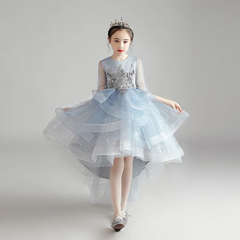 Children's princess evening dress for older girls, polyester, blue long style, size 100-160cm