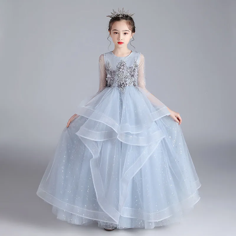 Children's princess evening dress for older girls, polyester, blue long style, size 100-160cm