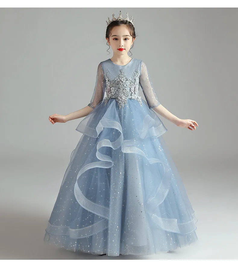Children's princess evening dress for older girls, polyester, blue long style, size 100-160cm