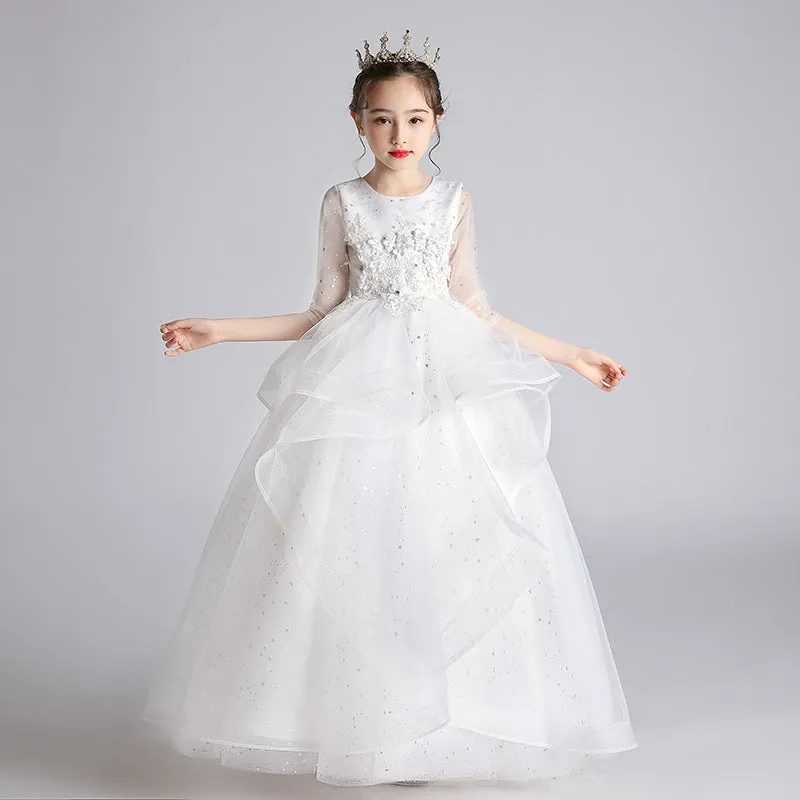 Children's princess evening dress for older girls, polyester, blue long style, size 100-160cm