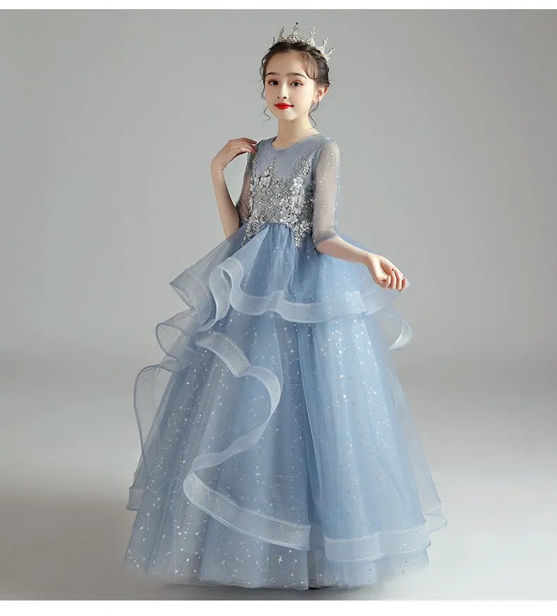 Children's princess evening dress for older girls, polyester, blue long style, size 100-160cm