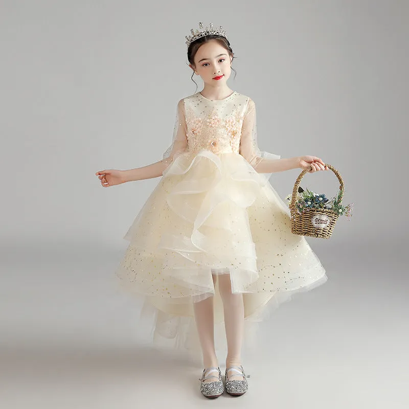 Children's princess evening dress for older girls, polyester, blue long style, size 100-160cm