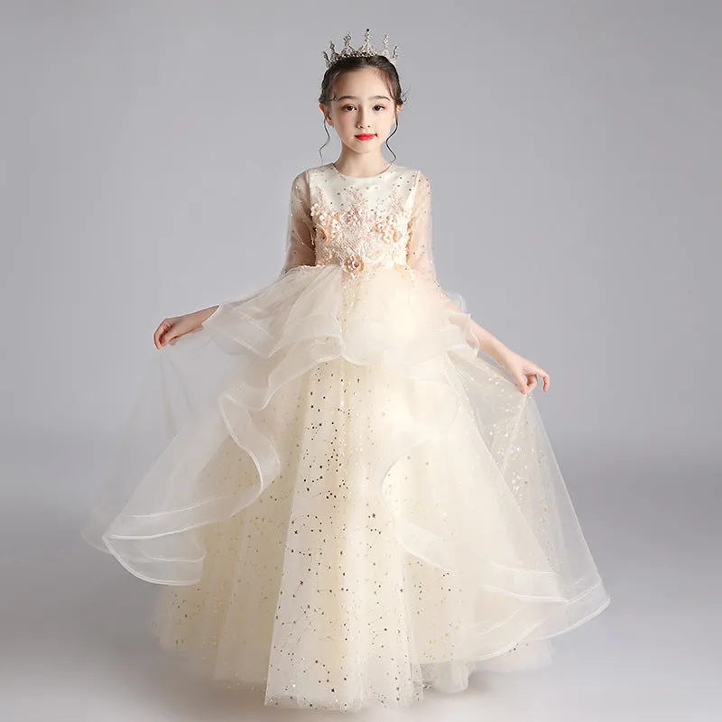 Children's princess evening dress for older girls, polyester, blue long style, size 100-160cm
