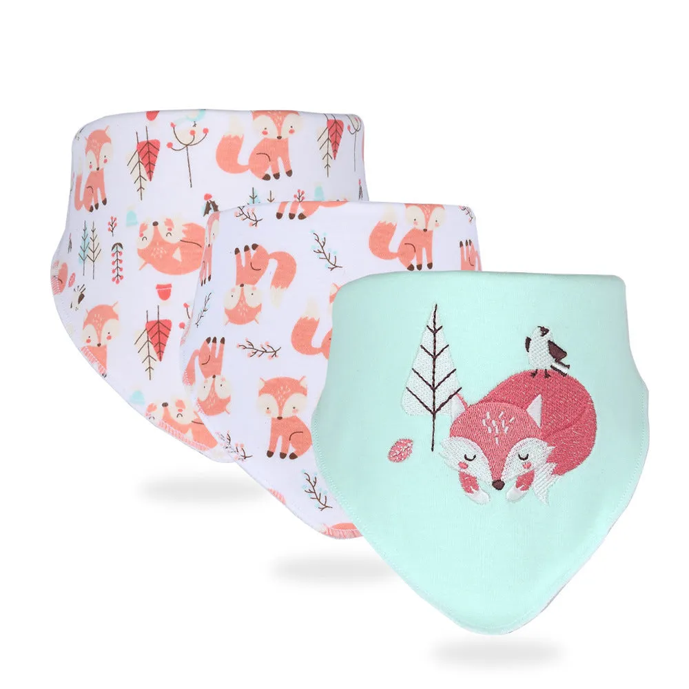 Set of three simple printed baby cotton saliva towels in animal patterns, 42x30.5x30.5cm, made from pure cotton