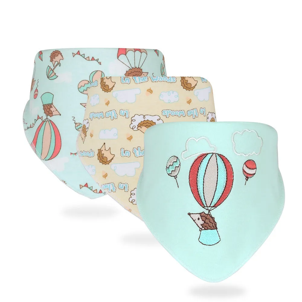 Set of three simple printed baby cotton saliva towels in animal patterns, 42x30.5x30.5cm, made from pure cotton