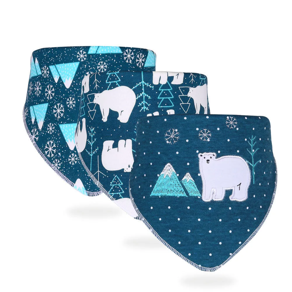 Set of three simple printed baby cotton saliva towels in animal patterns, 42x30.5x30.5cm, made from pure cotton