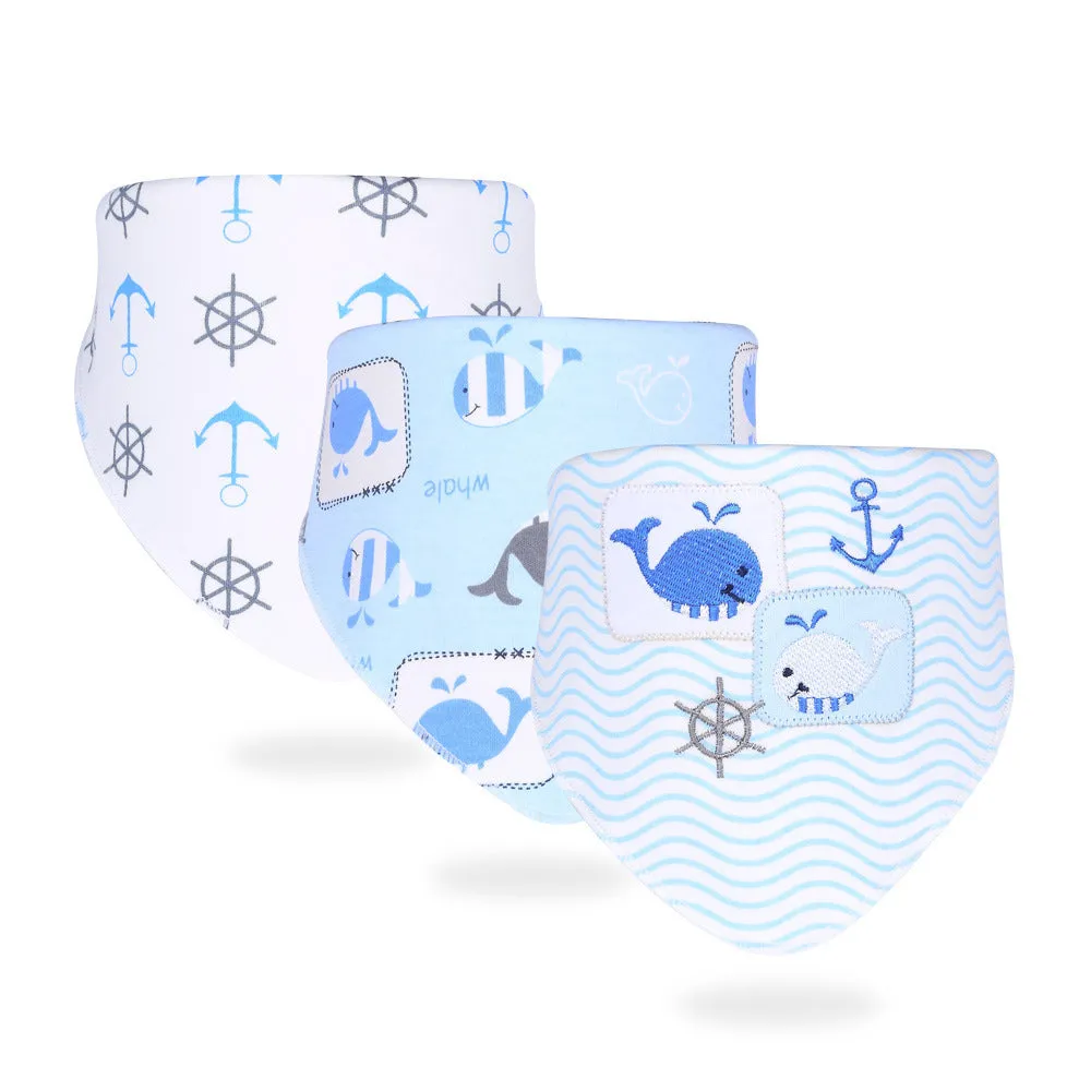 Set of three simple printed baby cotton saliva towels in animal patterns, 42x30.5x30.5cm, made from pure cotton