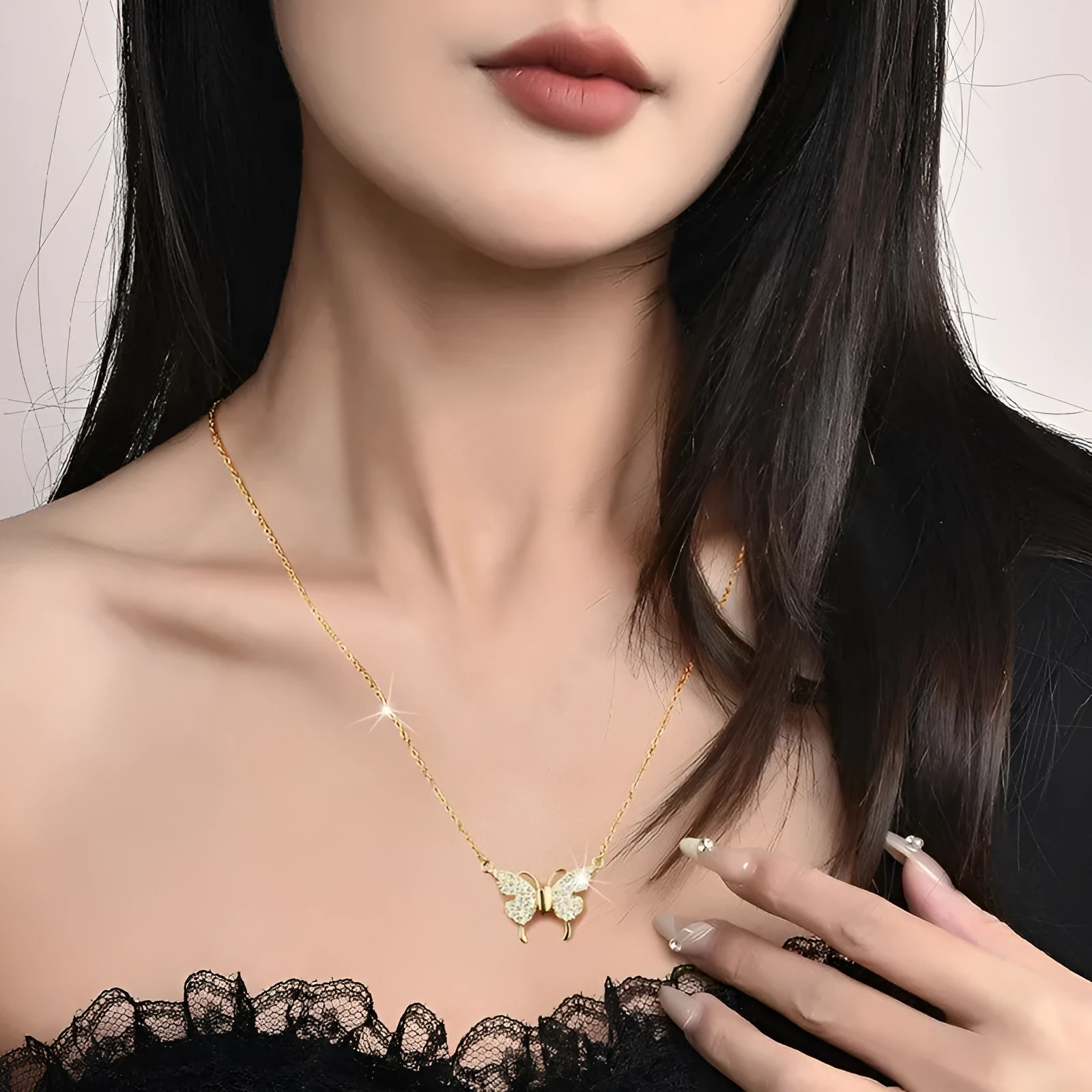 Titanium steel clavicle chain necklace with magnetic butterfly pendant in gold and silver finish