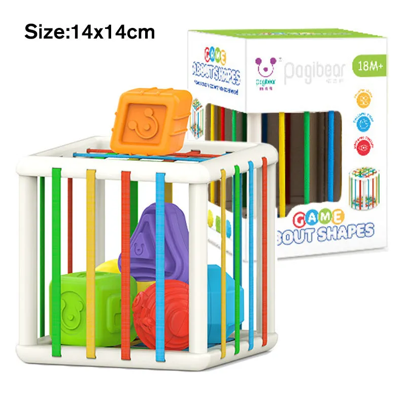 Set of six plastic rainbow shape blocks for toddler fine motor training with elastic rope