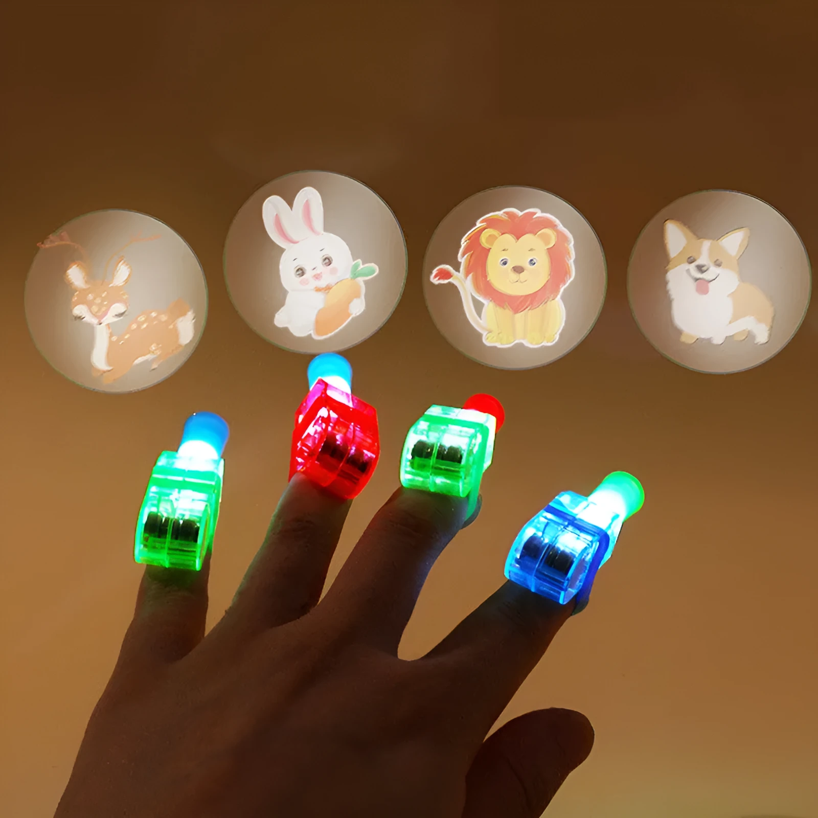 Pack of 10 plastic cartoon finger projection lamps in mixed hair colours on white background