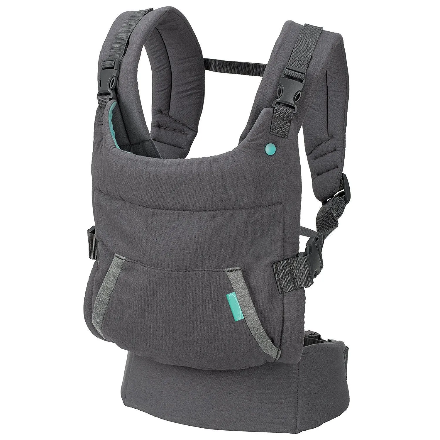 4-in-1 double-shoulder baby carrier in dark grey with saliva towel, one size, front-facing position