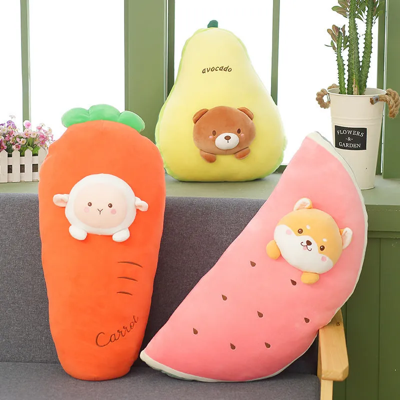 Cute banana fruit plush cushion with plush jacket and PP cotton fill on a chair