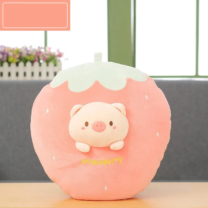 Cute banana fruit plush cushion with plush jacket and PP cotton fill on a chair