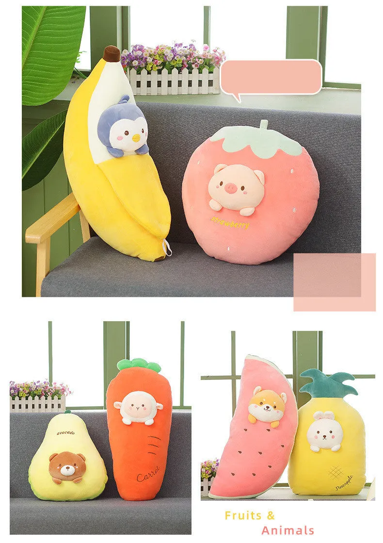 Cute banana fruit plush cushion with plush jacket and PP cotton fill on a chair