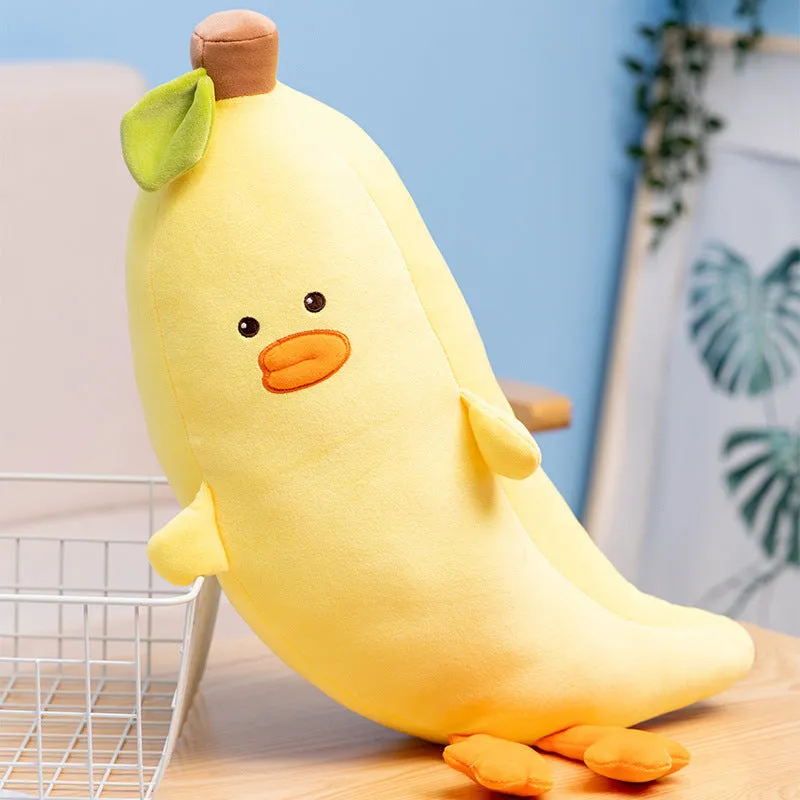 Cute banana fruit plush cushion with plush jacket and PP cotton fill on a chair