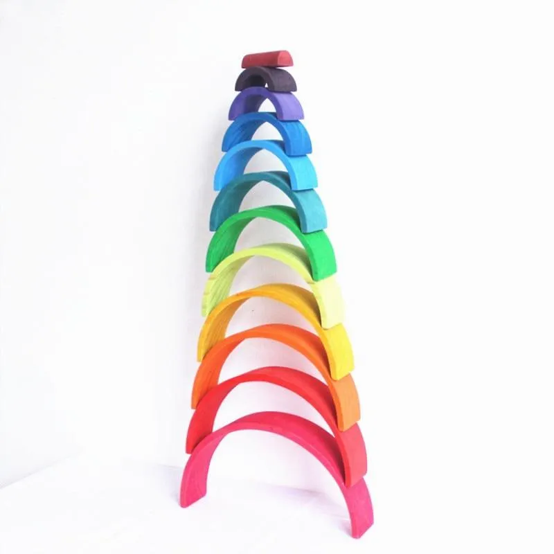 12-piece wooden building blocks in rainbow and arch shapes, New Zealand pine with light lacquer finish