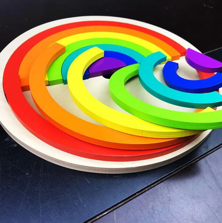 12-piece wooden building blocks in rainbow and arch shapes, New Zealand pine with light lacquer finish