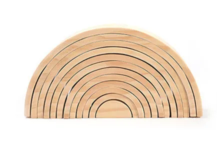 12-piece wooden building blocks in rainbow and arch shapes, New Zealand pine with light lacquer finish