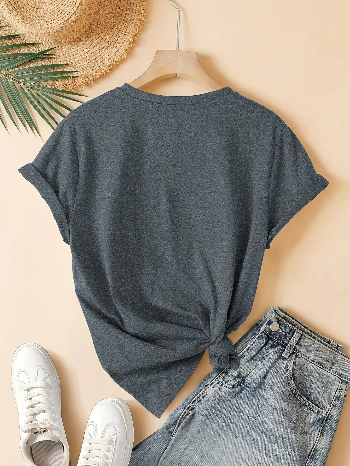 Women's short sleeve cotton t-shirt with Chinese art retro print, shown in dark grey