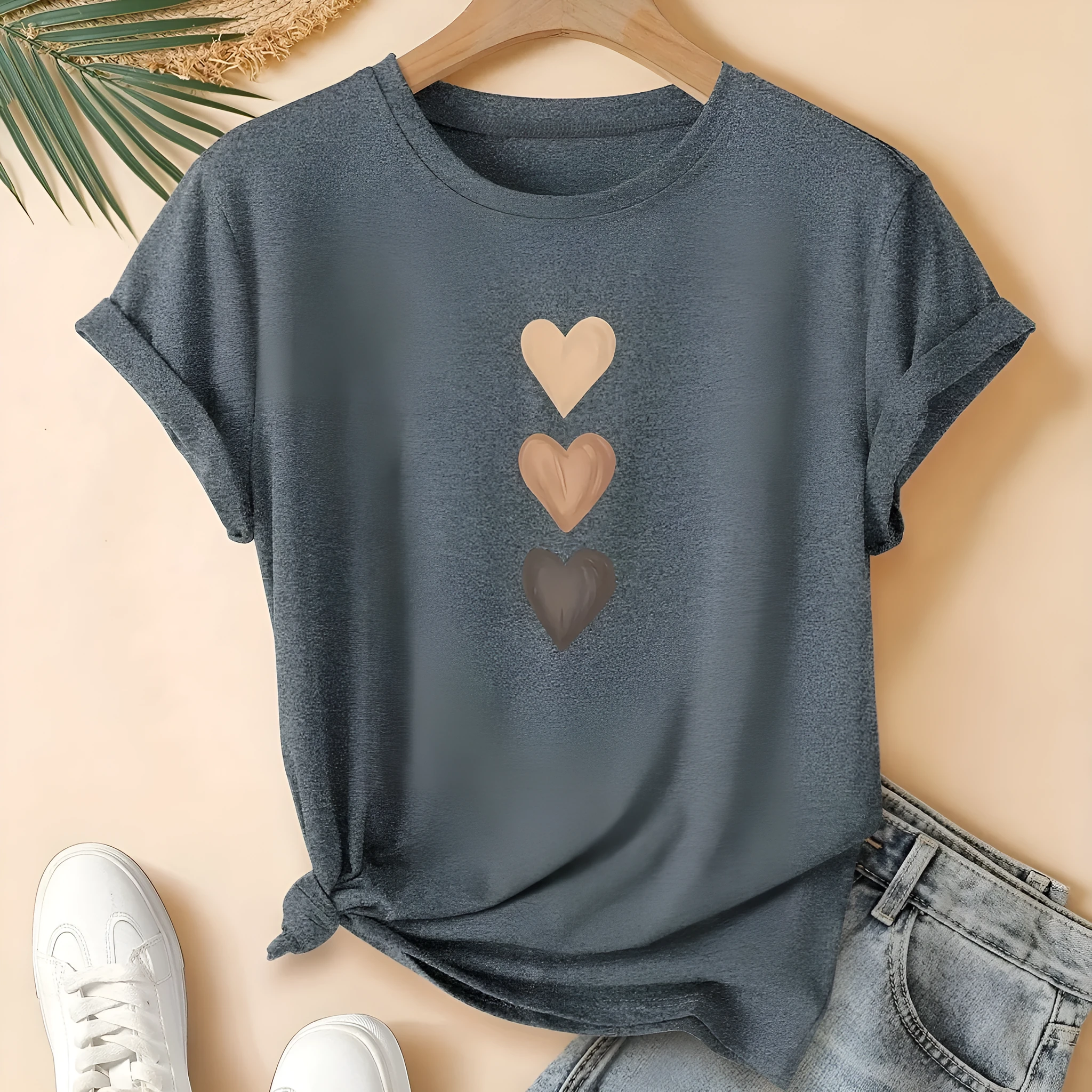 Women's short sleeve cotton t-shirt with Chinese art retro print, shown in dark grey