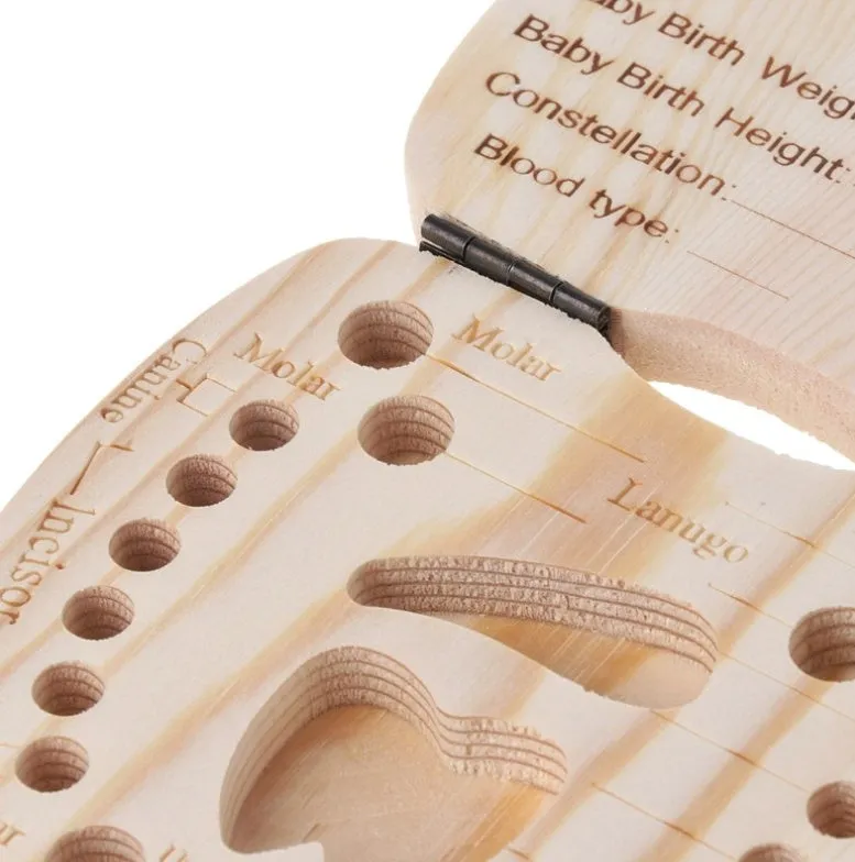 Wooden baby tooth box with carved record table for deciduous teeth storage in natural wood colour