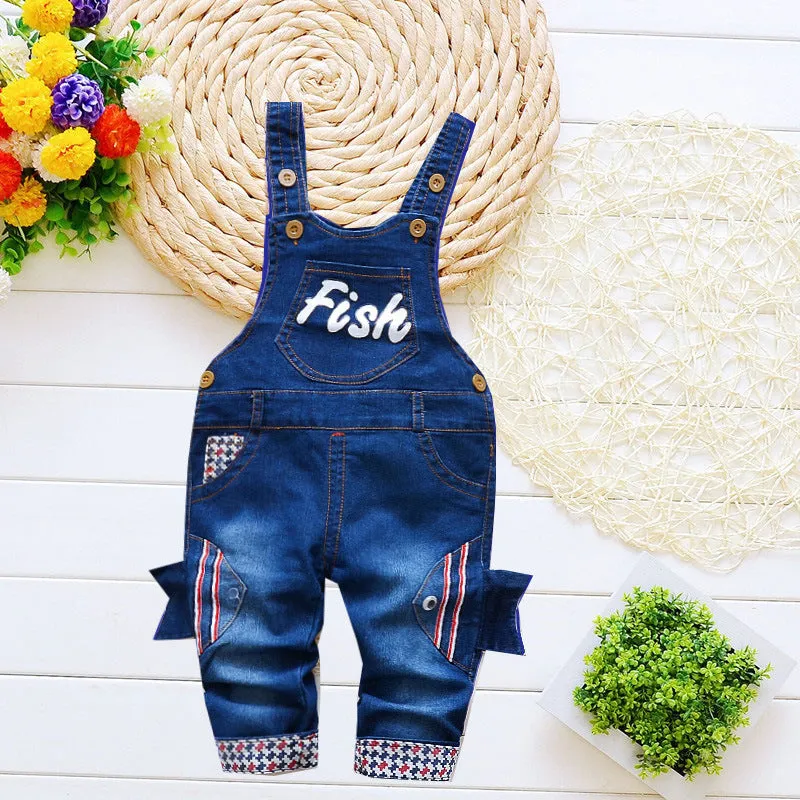 Cotton bib jeans children's overalls high-waist button zipper soft treatment suitable height 80-110cm